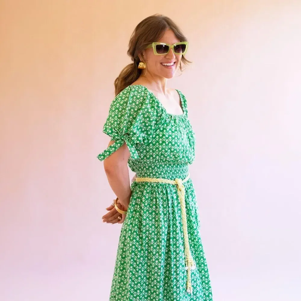 Green Printed Off-Shoulder Midi Dress | Smocked Waist Boho Dress - Picture 4 of 5